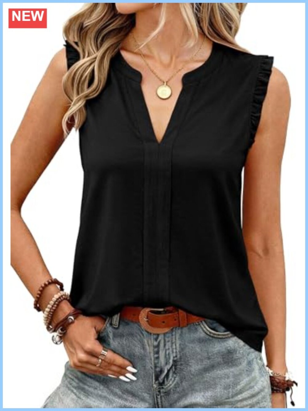 Women's V Neck Sleeveless Blouse Modal Cotton Ruffle Shoulder Tank Top